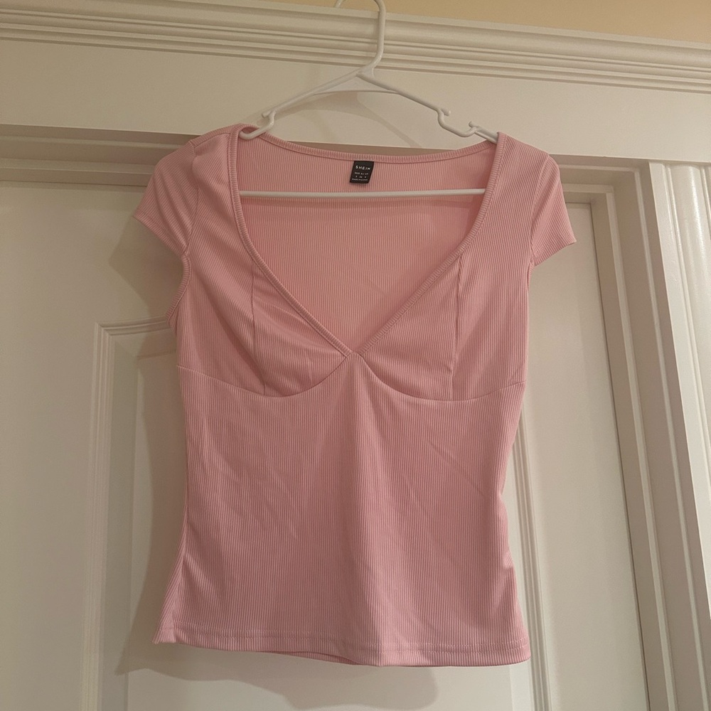Pink Ribbed V-Neck Top
